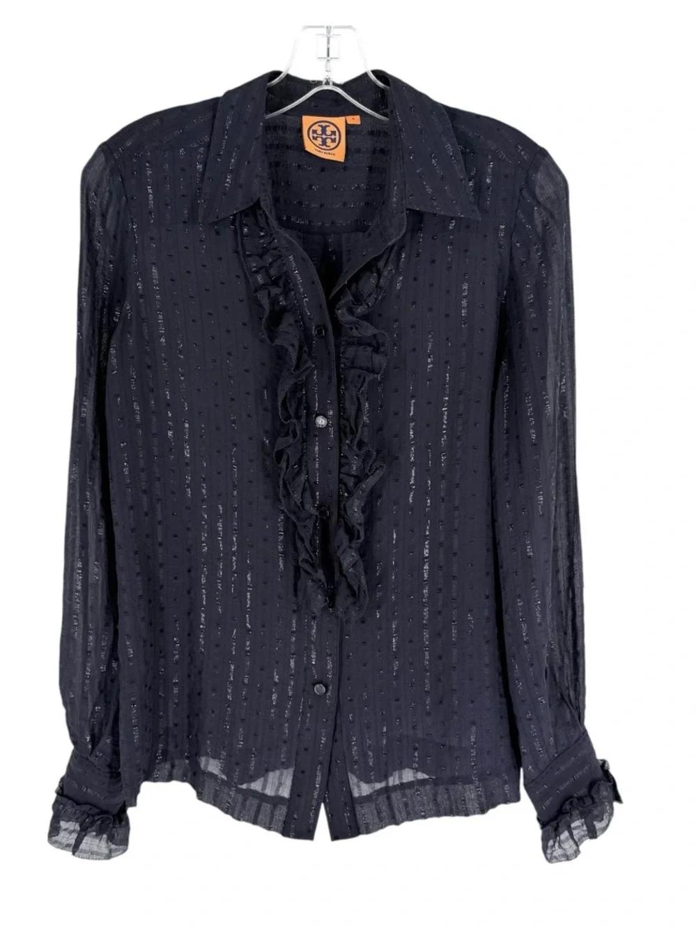Tory Burch Ruffle Blouse Womens Size 6 Navy Shimmer Sheer Button Up Shirt